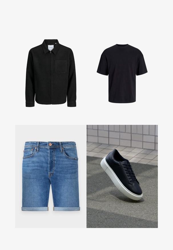 Mustaga lukuga jakker, millel on krae ja üks rinna-tasku, esitatud valgel taustal.; Must must on mustre, lühikeste varrukatega ja vabalt langev. Sile tekstuur ja ilma nähtavate mustrite või aktsentideta.; Keskmise sinise tooni teksashortsid rullitud äärtega, viie taskuga disain, messingu nupuga kinnitamine ja kontrastne õmblus.; Mustast nahast tennisetoss, millel on ümar nina ja valge kummist tall. Omab siredaid paelu ja minimaalset õmblemist ülemises osas. Tekstuuriga tald, mis tagab haakuvuse.