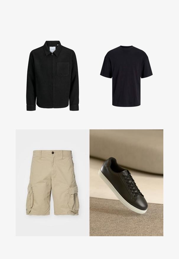Musta vetoketjullinen takki, jossa on kaulus ja yksi rintatasku, esitelty valkoista taustaa vasten.; Musta puuvillapaita, jossa on pyöreä kaula-aukko, lyhyet hihat ja rento muotoilu. Yksinkertainen ja sileä pinta, ilman näkyviä kuvioita tai koristeita.; Beige cargo shorts tehty puuvillakankaasta, jossa on sivutaskut, nappisuljenta ja suora leikkaus. Sujuva pinta.; Mustat nahkaiset lenkkarit valkoisella kumipohjalla ja mustilla nauhoilla, aseteltuna vaaleanbeigejän kankaan pinnan ja taustan päälle.