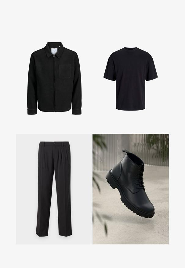 Veste zippée noire avec col et poche poitrine unique, présentée sur fond blanc.; T-shirt en coton noir avec un col ras du cou, des manches courtes et une coupe décontractée. Texture lisse sans motifs ni accents visibles.; Pantalon noir ajusté en tissu lisse, avec des plis à l'avant, une fermeture à bouton et une coupe droite.; Bottines en cuir noir avec un bout rond, un laçage, et une semelle en caoutchouc robuste. Texture lisse avec une languette à l'arrière.