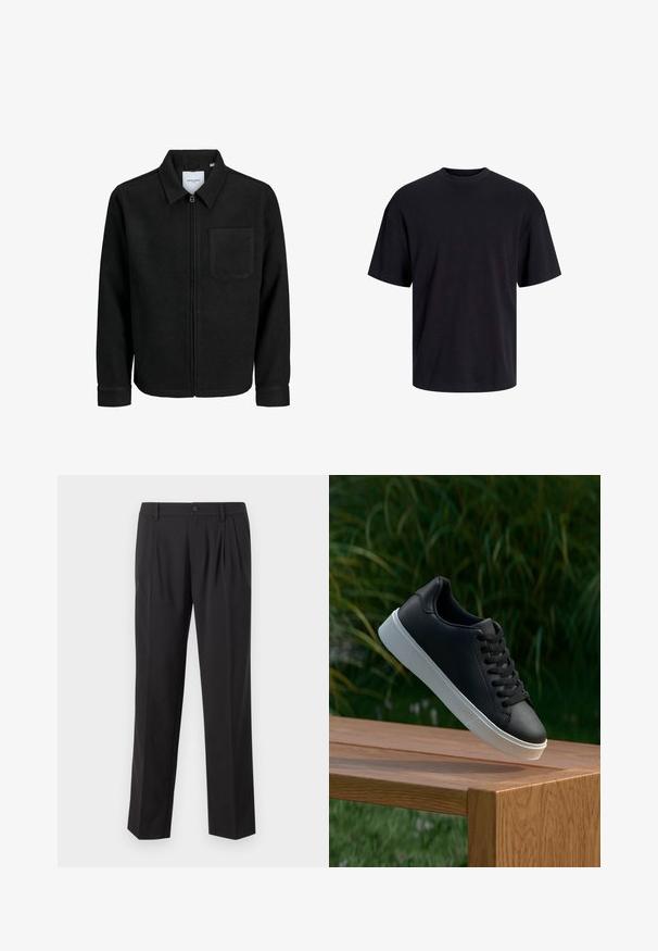 Czarna kurtka z zamkiem na całej długości, z kołnierzem i jedną kieszenią na piersi, umieszczona na białym tle.; Czarna bawełniana koszulka z okrągłym dekoltem, krótkimi rękawami i luźnym krojem. Gładka tekstura, bez widocznych wzorów czy akcentów.; Czarne spódnie zapinane na guzik, uszyte z gładkiego materiału, z plisami z przodu i prostymi nogawkami.; Czarne skórzane sneakersy o gładkiej fakturze, z białą gumową podeszwą i sześcioma otworami na sznurowadła, wyeksponowane na drewnianej powierzchni.