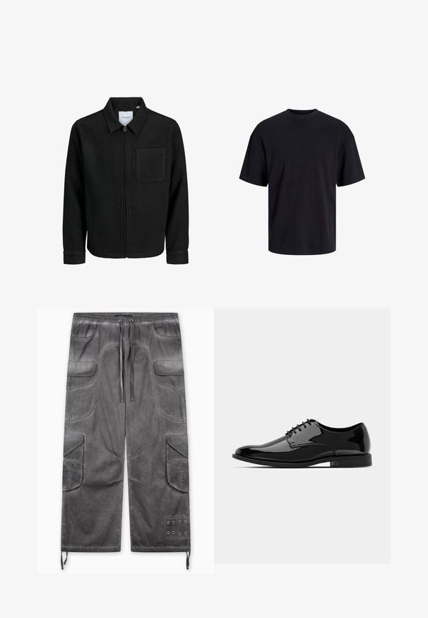 Svart zip-jacka med krage och en enda bröstficka, visad på vit bakgrund.; Svart bomullströja med rundad halsringning, korta ärmar och avslappnad passform. Slät textur utan synliga mönster eller detaljer.; Grå cargobyxor med avslappnad passform, flera fickor, texturerat tyg, midja med dragsko och metalliska öljetter.; Svart lackläderskor med rund tå, snörning och slät, blank yta. Har en låg gummisula.