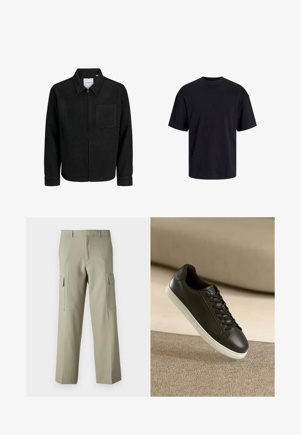 Čierna zipsová bunda s golierom a jednou náprsníkou, vystavená na bielom pozadí.; Čierne bavlnené tričko s okrúhlym výstrihom, krátkymi rukávmi a uvoľneným strihom. Hladká textúra bez viditeľných vzorov alebo akcentov.; Svetlozelené cargo nohavice so strihom rovného nohu, ktoré majú bočné vrecká a hladkú textúru látky. Zobrazený pohľad zozadu.; Čierne kožené tenisky s bielou gumovou podrážkou a čiernymi šnúrkami, umiestnené na béžovom textilnom povrchu a pozadí.