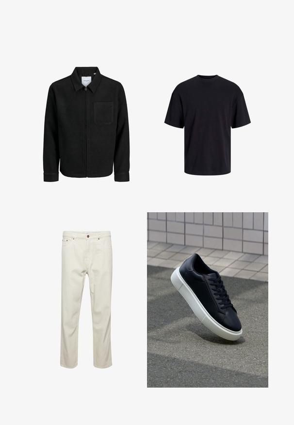 Chaqueta negra con cremallera y cuello, con un solo bolsillo en el pecho, expuesta sobre un fondo blanco.; Camiseta de algodón negra con cuello redondo, mangas cortas y un ajuste relajado. Textura suave y sin patrones ni acentos visibles.; Pantalones de algodón beige con corte recto, cinco bolsillos, cierre de botón y detalles de costura sutiles. Textura uniforme sin patrones visibles.; Zapatilla de cuero negro con punta redonda y suela de goma blanca. Presenta cordones planos y un mínimo de costuras en la parte superior. Suela texturizada para proporcionar agarre.