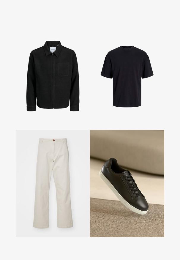 Zwarte zip-up jas met kraag en enkele borstzak, weergegeven op een witte achtergrond.; Zwarte katoenen t-shirt met een ronde halslijn, korte mouwen en een relaxte pasvorm. Glad textuur en geen zichtbare patronen of accenten.; Beige katoenen broek met een rechte pijpdesign, voorzien van een knoopsluiting aan de voorkant, riemlussen en standaard zakken. Soepele textuur.; Zwarte leren sneakers met een witte rubberen zool en zwarte veters, gepositioneerd tegen een beige stoffen oppervlak en achtergrond.