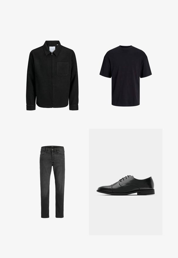 Giacca nera con zip, colletto e una tasca sul petto, mostrata su sfondo bianco.; T-shirt in cotone nero con collo rotondo, maniche corte e vestibilità morbida. Texture liscia senza pattern o dettagli visibili.; Jeans in denim nero con vestibilità dritta, design a cinque tasche e chiusura con zip. Presentano un leggero sbiadimento e cuciture a contrasto.; Scarpa da uomo in pelle nera con punta rotonda, design con lacci, dettagli di cucitura discreti e tacco basso. Texture liscia con finitura lucida.