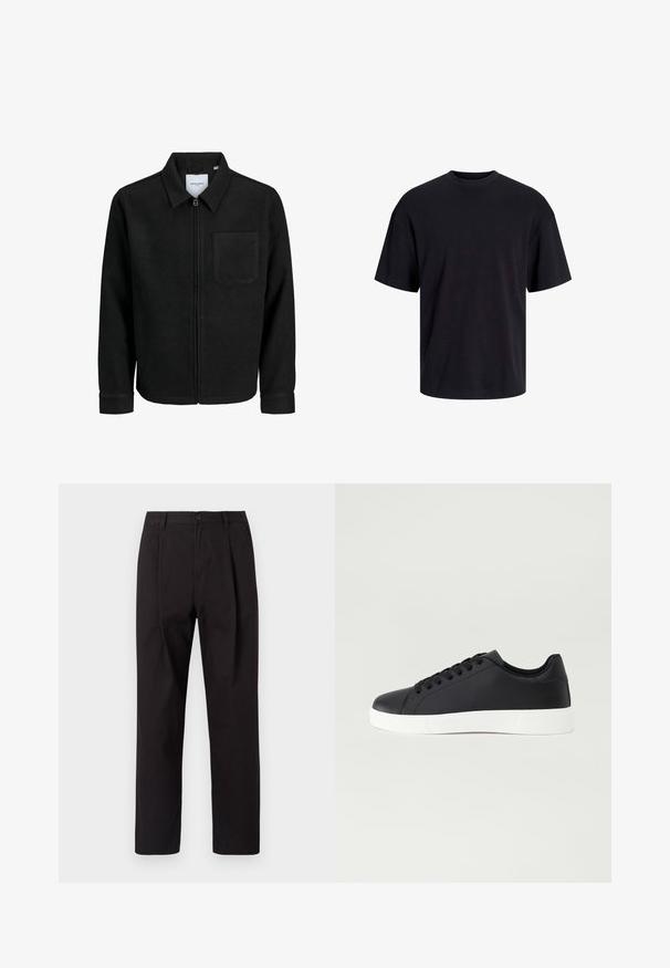 Jachetă neagră cu fermoar, cu guler și un singur buzunar pe piept, expusă pe fundal alb.; Tricou din bumbac negru, cu guler rotund, mâneci scurte și o croială lejeră. Textură netedă și fără modele sau accente vizibile.; Jack & Jones JPSTBILL WILLIAM WORKER - Pantaloni chino - black; Pier One Sneakers low - black