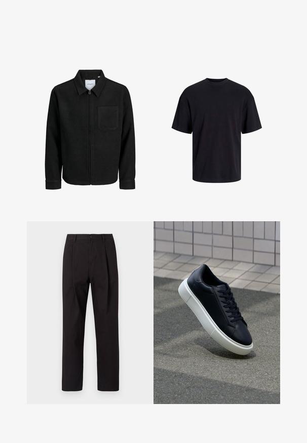 Veste zippée noire avec col et poche poitrine unique, présentée sur fond blanc.; T-shirt en coton noir avec un col ras du cou, des manches courtes et une coupe décontractée. Texture lisse sans motifs ni accents visibles.; Jack & Jones JPSTBILL WILLIAM WORKER - Chino - black; Baskets noires en cuir avec bout arrondi et semelle en caoutchouc blanc. Elles présentent des lacets plats et une couture minimale sur la tige. Semelle texturée pour une bonne adhérence.