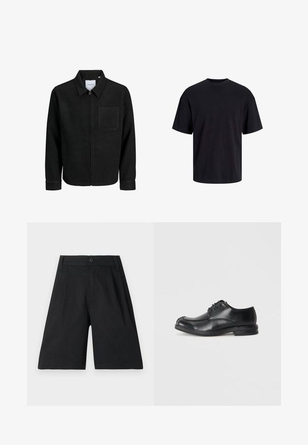 Chaqueta negra con cremallera y cuello, con un solo bolsillo en el pecho, expuesta sobre un fondo blanco.; Camiseta de algodón negra con cuello redondo, mangas cortas y un ajuste relajado. Textura suave y sin patrones ni acentos visibles.; Pantalones cortos negros de algodón, con un corte recto, plisados, cierre de botón y una textura suave. Sin patrones o acentos visibles.; Zapatos de cuero negro con cordones y puntera redondeada, de textura suave y tacón bajo. Presentan detalles de costura a lo largo de la parte superior y los lados.
