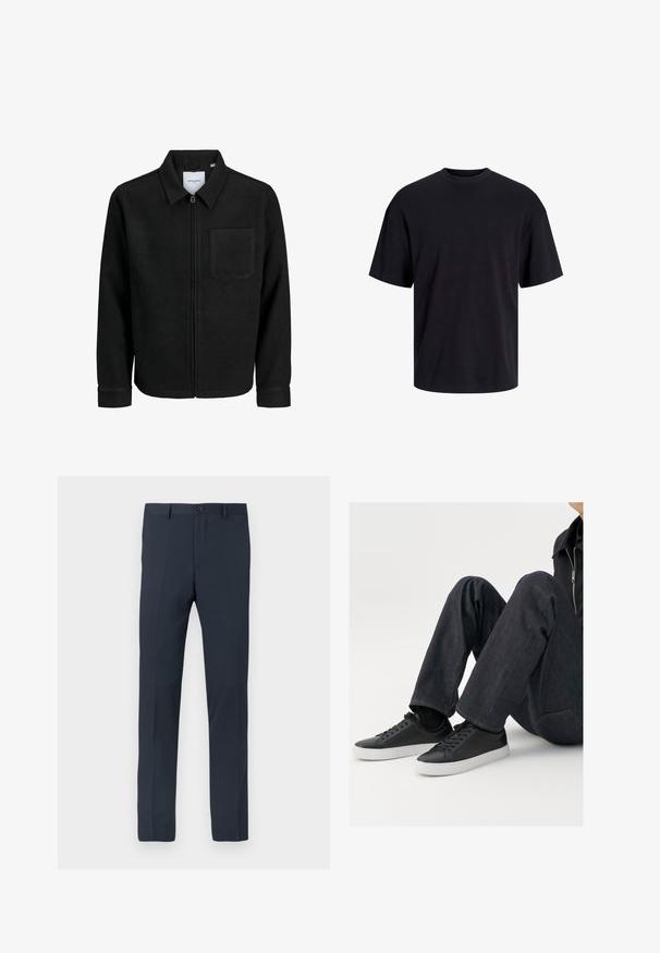 Crna jakna na zip s ovratnikom i jednim džepom na prsima, prikazana na bijeloj pozadini.; Crna pamučna majica s okruglim izrezom, kratkim rukavima i opuštenim krojem. Glatka tekstura bez vidljivih uzoraka ili dekoracija.; Mornarske hlače izrađene od glatkog materijala, s uskim krojem, petljama za remen, zatvaranjem na prednju dugmad i dva bočna džepa.; Crne kožne tenisice s bijelim gumeni potplatima, s okruglim vezicama i minimalističkim dizajnom, u kombinaciji s tamnoplavim trapericama.
