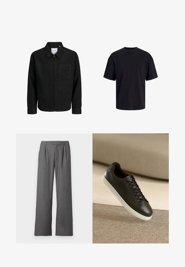 Črna jakna z zadrgo in ovratnikom ter enim žepom na prsih, prikazana na beli podlagi.; Črna bombažna majica s krojačkom izrezom, kratkimi rokavi in sproščenim krojem. Gladka tekstura in brez vidnih vzorcev ali poudarkov.; Sive široke hlače izdelane iz gladkega materiala, z nagubanimi sprednjimi deli, stranskimi žepi in natančno prirejenim pasom z obročki za pas.; Črne usnjene superge z belo gumijasto podplatom in črnimi vezalkami, postavljene na bež tkaninsko površino in ozadje.