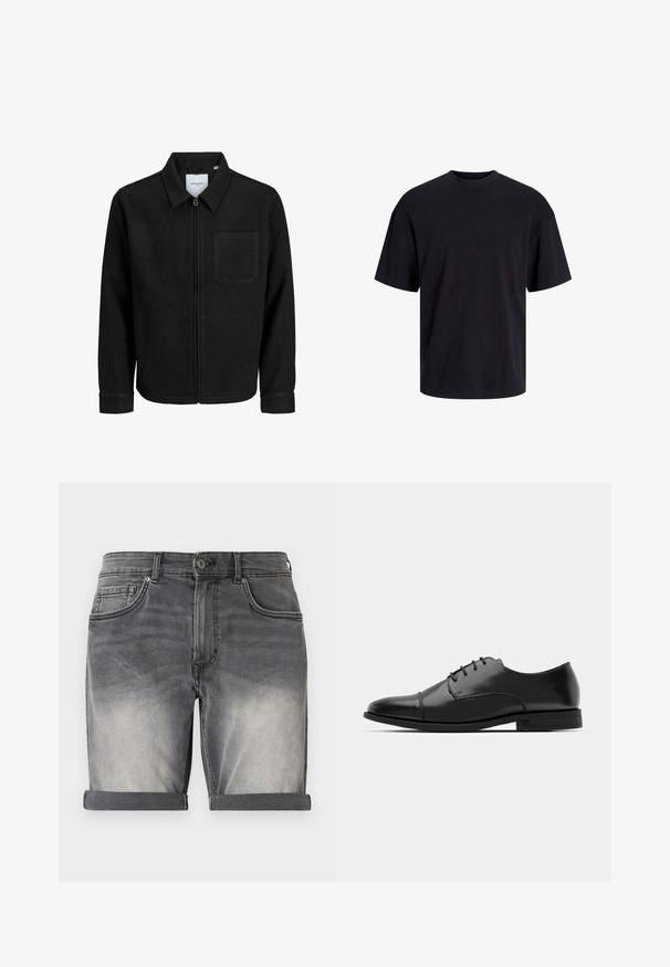 Veste zippée noire avec col et poche poitrine unique, présentée sur fond blanc.; T-shirt en coton noir avec un col ras du cou, des manches courtes et une coupe décontractée. Texture lisse sans motifs ni accents visibles.; Shorts en denim noir délavé avec un ourlet retroussé, comportant cinq poches et un léger effet délavé à l'avant. Fermeture classique à boutons.; Chaussure habillée noire en cuir avec un bout rond, un laçage, des détails de couture subtils et un petit talon. Texture lisse avec une finition polie.