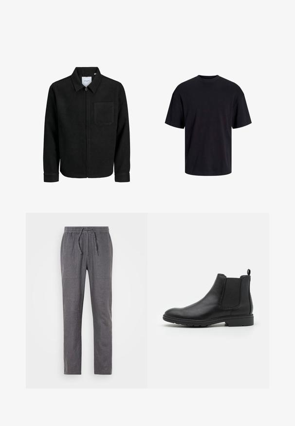 Črna jakna z zadrgo in ovratnikom ter enim žepom na prsih, prikazana na beli podlagi.; Črna bombažna majica s krojačkom izrezom, kratkimi rokavi in sproščenim krojem. Gladka tekstura in brez vidnih vzorcev ali poudarkov.; Sive hlače iz platna z elastičnim pasom in vrvico. Imajo dva sprednja žepa, ravne hlačnice in teksturirano tkanino.; Črne usnjene čevlje Chelsea z elastičnimi stranskimi paneli in zanko, z zaobljenim nosom in teksturiranim gumijastim podplatom.