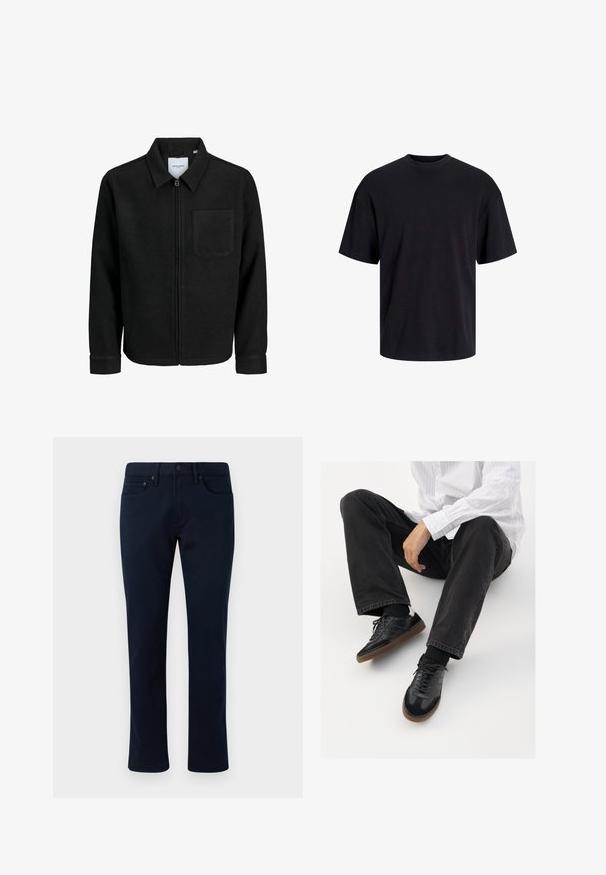 Črna jakna z zadrgo in ovratnikom ter enim žepom na prsih, prikazana na beli podlagi.; Črna bombažna majica s krojačkom izrezom, kratkimi rokavi in sproščenim krojem. Gladka tekstura in brez vidnih vzorcev ali poudarkov.; Mornarsko modri traper hlače s slim fit krojem, ki vključujejo klasičen pet žepni dizajn in diskretne šive. Gladka tekstura brez okrasnih elementov.; Črne superge z gladkim in strukturiranim zgornjim delom, ki vključuje gumijast podplat in temne vezalke. Uvrščene so z štručasto črnimi kavbojkami in belo črtasto majico.