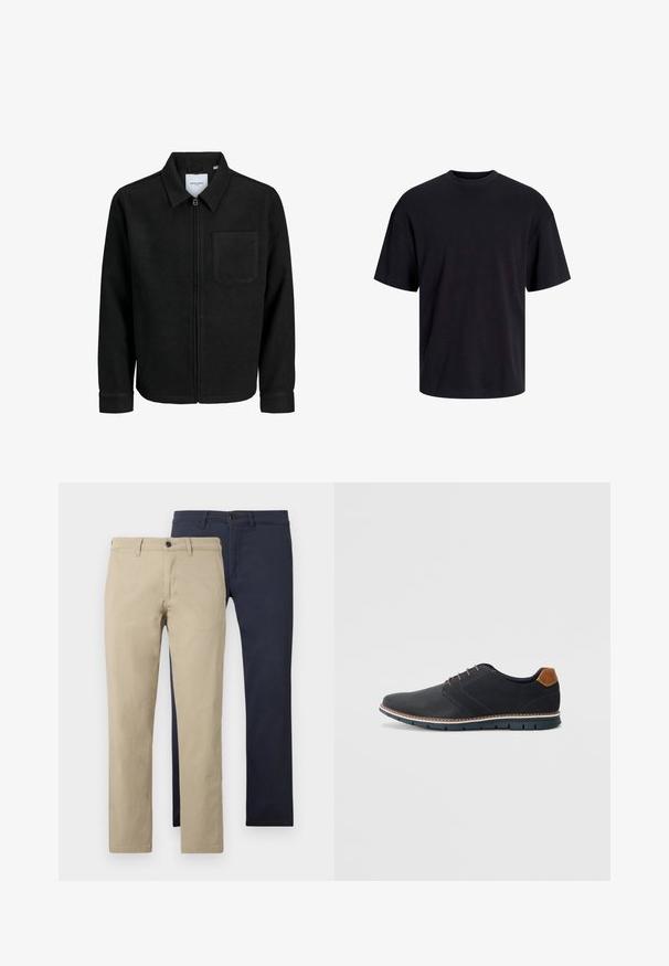 Juodas džemperis su užtrauktuku, apykakle ir vienu krūtiniu kišenėje, pristatytas baltame fone.; Juodas medvilninis marškinėlis su apvaliu iškirpimu, trumpomis rankovėmis ir laisvu siluetu. Glotni tekstūra, be matomų raštų ar akcentų.; Chaki ir mėlynos spalvos chinos šalia vienas kito. Abu pasiūti tiesaus kirpimo, turi lygų priekinį dizainą ir vieną mygtuką užsegimui. Medvilnės audinio tekstūra.; Juodi sintetiniai batai su tekstūruotu paviršiumi, lygiomis detalėmis, ruda kulna ir kontrastingu padu. Yra minimalus raištelių užsidėjimas ir siuvimo detalės.