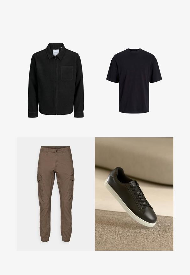 Zwarte zip-up jas met kraag en enkele borstzak, weergegeven op een witte achtergrond.; Zwarte katoenen t-shirt met een ronde halslijn, korte mouwen en een relaxte pasvorm. Glad textuur en geen zichtbare patronen of accenten.; Cargo pants in een donkerbruine kleur, gemaakt van duurzaam materiaal. Heeft elastische manchetten, zijzakken en een sluiting met een knoop aan de voorkant.; Zwarte leren sneakers met een witte rubberen zool en zwarte veters, gepositioneerd tegen een beige stoffen oppervlak en achtergrond.