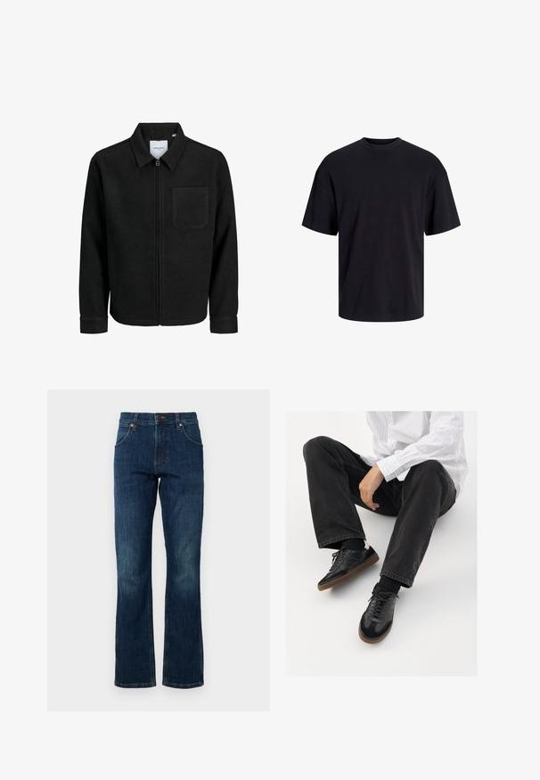 Črna jakna z zadrgo in ovratnikom ter enim žepom na prsih, prikazana na beli podlagi.; Črna bombažna majica s krojačkom izrezom, kratkimi rokavi in sproščenim krojem. Gladka tekstura in brez vidnih vzorcev ali poudarkov.; Modre jeans s flared krojem imajo srednje visok pas, pet žepov in subtilen bleden vzorec na nogah. Zapiranje ima kovinsko gumb.; Črne superge z gladkim in strukturiranim zgornjim delom, ki vključuje gumijast podplat in temne vezalke. Uvrščene so z štručasto črnimi kavbojkami in belo črtasto majico.