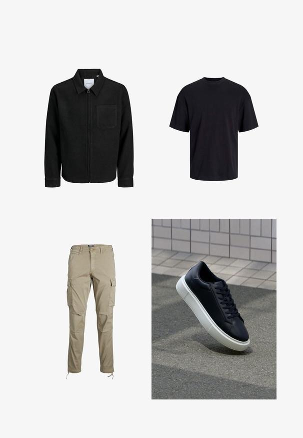 Mustaga lukuga jakker, millel on krae ja üks rinna-tasku, esitatud valgel taustal.; Must must on mustre, lühikeste varrukatega ja vabalt langev. Sile tekstuur ja ilma nähtavate mustrite või aktsentideta.; Jack & Jones JWHACE JJTUCKER ANA - Kargopüksid - dune; Mustast nahast tennisetoss, millel on ümar nina ja valge kummist tall. Omab siredaid paelu ja minimaalset õmblemist ülemises osas. Tekstuuriga tald, mis tagab haakuvuse.