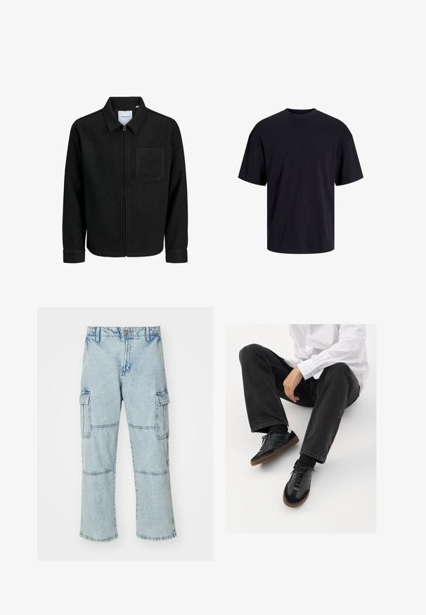 Czarna kurtka z zamkiem na całej długości, z kołnierzem i jedną kieszenią na piersi, umieszczona na białym tle.; Czarna bawełniana koszulka z okrągłym dekoltem, krótkimi rękawami i luźnym krojem. Gładka tekstura, bez widocznych wzorów czy akcentów.; Jasnoniebieskie dżinsowe spodnie cargo o luźnym kroju, z dwoma bocznymi kieszeniami i detalami w postaci łat na kolanach. Wyposażone w zamek błyskawiczny i metalowy guzik.; Czarne sneakersy z gładką i textured cholewką, z gumową podeszwą i ciemnymi sznurowadłami. Połączone z czarnymi dżinsami i bluzką w białe paski.