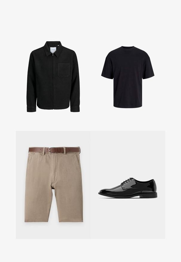 Crna jakna na zip s ovratnikom i jednim džepom na prsima, prikazana na bijeloj pozadini.; Crna pamučna majica s okruglim izrezom, kratkim rukavima i opuštenim krojem. Glatka tekstura bez vidljivih uzoraka ili dekoracija.; Bež pamučne kratke hlače ravnog kroja, sa smešnim kožnim remenom i bočnim džepovima, glatke teksture s uredno završenim rubovima.; Crne lakirane kožne cipele s okruglim vrhom, s vezicama i glatkom, sjajnom površinom. Imaju nisku gumenu potplat.