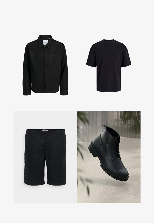Veste zippée noire avec col et poche poitrine unique, présentée sur fond blanc.; T-shirt en coton noir avec un col ras du cou, des manches courtes et une coupe décontractée. Texture lisse sans motifs ni accents visibles.; Shorts cargo noirs en coton. Les caractéristiques incluent deux poches latérales, une coupe décontractée, et un devant plat avec une fermeture à bouton.; Bottines en cuir noir avec un bout rond, un laçage, et une semelle en caoutchouc robuste. Texture lisse avec une languette à l'arrière.