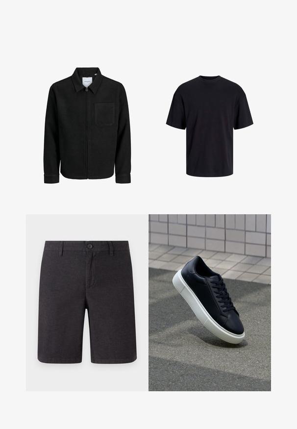 Musta vetoketjullinen takki, jossa on kaulus ja yksi rintatasku, esitelty valkoista taustaa vasten.; Musta puuvillapaita, jossa on pyöreä kaula-aukko, lyhyet hihat ja rento muotoilu. Yksinkertainen ja sileä pinta, ilman näkyviä kuvioita tai koristeita.; Tummanharmaat shortsit, jotka on valmistettu kudotusta kankaasta. Niissä on nappisuljenta, vyölenkit ja suora lahjetyyli, siistit helmat ja sivutaskut.; Mustat nahkakengät, joissa on pyöristetty kärki ja valkoinen kumipohja. Varusteena litteät nauhat ja minimaalinen ommel ylhäällä. Teksturoitu pohja pitävyyden lisäämiseksi.