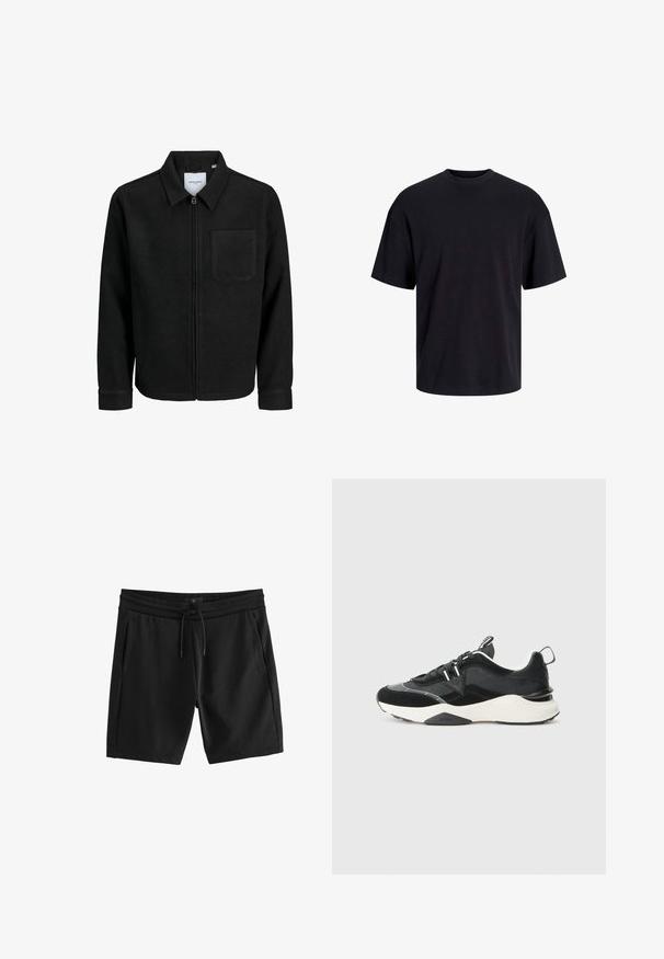 Černá zipová bunda s límečkem a jednou kapsou na hrudi, vystavená na bílém pozadí.; Černé bavlněné tričko s kulatým výstřihem, krátkými rukávy a volným střihem. Hladká textura a žádné viditelné vzory ani akcenty.; Černé sportovní šortky vyrobené z měkké bavlněné směsi, s elastickým pasem a šňůrkou, a dvěma bočními kapsami.; Černé tenisky s kombinací semišových a síťových materiálů, masivní bílou podrážkou a reflexními akcenty. Klasické šněrování s poutkem.
