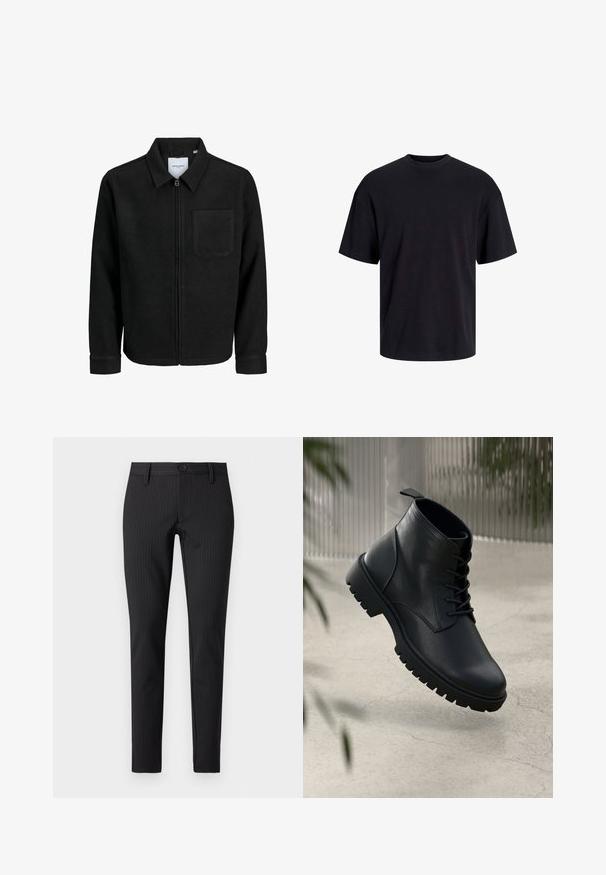 Veste zippée noire avec col et poche poitrine unique, présentée sur fond blanc.; T-shirt en coton noir avec un col ras du cou, des manches courtes et une coupe décontractée. Texture lisse sans motifs ni accents visibles.; Pantalons à rayures noires avec une coupe plate, ajustée, dotés d'une fermeture boutonnée et de passants de ceinture, fabriqués dans un matériau textile lisse.; Bottines en cuir noir avec un bout rond, un laçage, et une semelle en caoutchouc robuste. Texture lisse avec une languette à l'arrière.