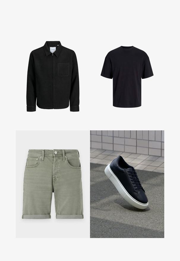 Černá zipová bunda s límečkem a jednou kapsou na hrudi, vystavená na bílém pozadí.; Černé bavlněné tričko s kulatým výstřihem, krátkými rukávy a volným střihem. Hladká textura a žádné viditelné vzory ani akcenty.; Zelené džíny šortky s ohrnutým lemem, obsahující přední kapsy, zapínání na knoflík a mírné vyblednutí pro ležérní vzhled.; Černé kožené tenisky s kulatou špičkou a bílou gumovou podrážkou. mají ploché tkaničky a minimální šití na svršku. Texturovaná podrážka pro lepší přilnavost.