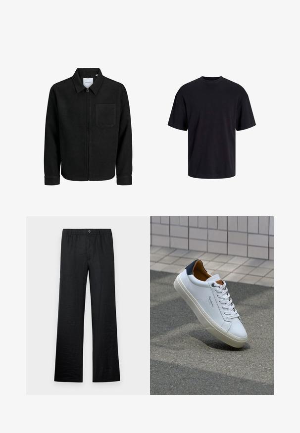 Črna jakna z zadrgo in ovratnikom ter enim žepom na prsih, prikazana na beli podlagi.; Črna bombažna majica s krojačkom izrezom, kratkimi rokavi in sproščenim krojem. Gladka tekstura in brez vidnih vzorcev ali poudarkov.; Črne lanene hlače sproščenega kroja, z elastičnim pasom in gumbom, ki prikazujejo gladko teksturo in širok kroj.; Beli usnjeni čevelj s plavo peto, okrogelimi prsti in kontrastnimi rjavimi detajli. Ima ravne vezalke in teksturiran gumijast podplat.