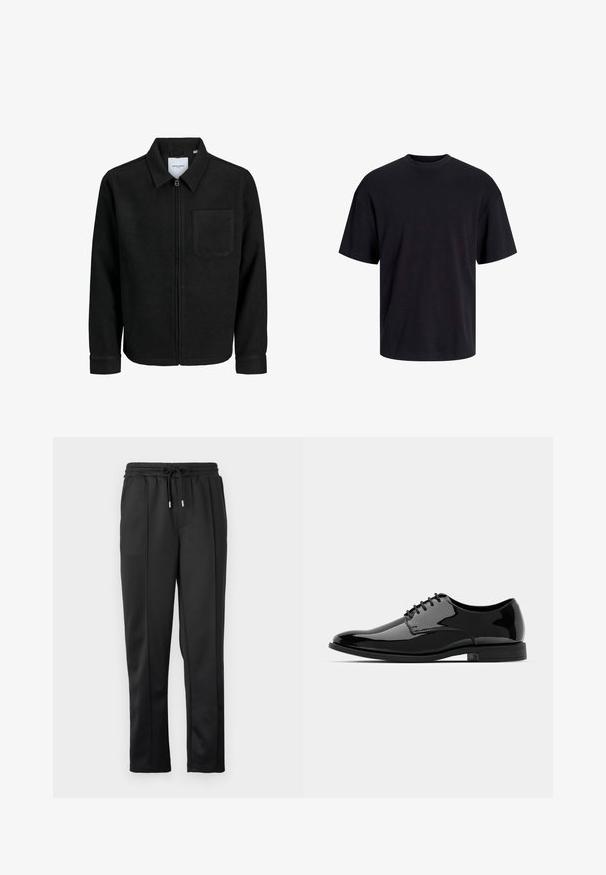 Sort lynlåsjakke med krave og en enkelt brystlomme, vist på hvid baggrund.; Sort bomulds t-shirt med rund hals, korte ærmer og en afslappet pasform. Glat tekstur uden synlige mønstre eller accenter.; Sorte sweatpants med snøre i taljen, elastiske manchetter og glat stof med diskrete sidepanel detaljer. Ingen synlige metaldele.; Sort lakeret dresssko med en afrundet tå, snørebåndsdesign og glat, skinnende overflade. Har en lavprofils gummisål.