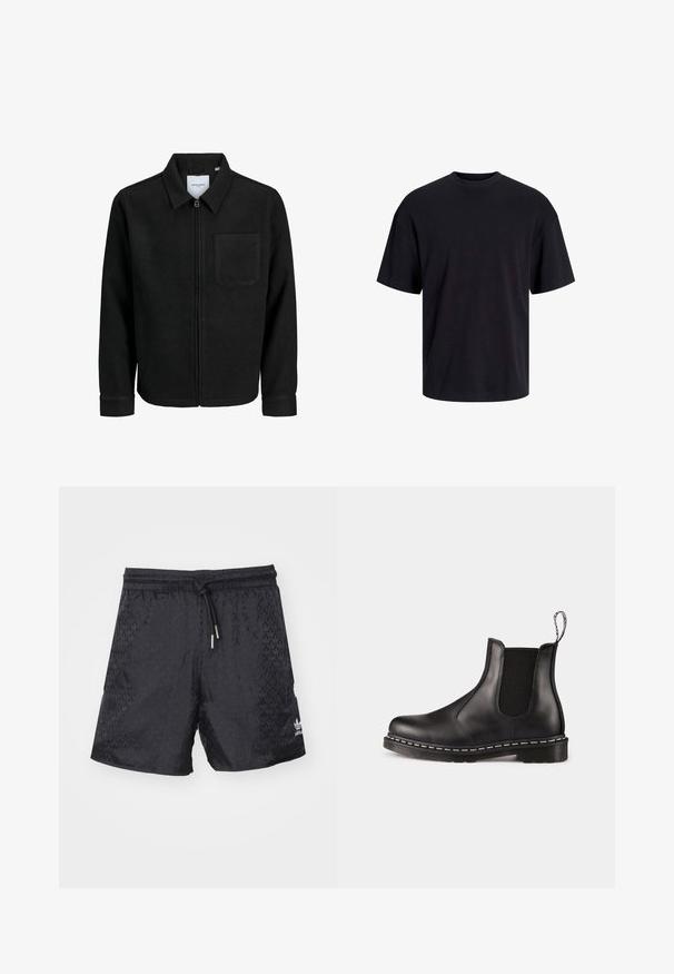 Juodas džemperis su užtrauktuku, apykakle ir vienu krūtiniu kišenėje, pristatytas baltame fone.; Juodas medvilninis marškinėlis su apvaliu iškirpimu, trumpomis rankovėmis ir laisvu siluetu. Glotni tekstūra, be matomų raštų ar akcentų.; adidas Originals MONO - Treningo apatinė dalis - black; Juodos odinės Chelsea botai su elastiniais šonais, apvaliu pirštu, traukimo kilpute, balta siūlė ant pado ir tekstūruota gumine išorine puse.
