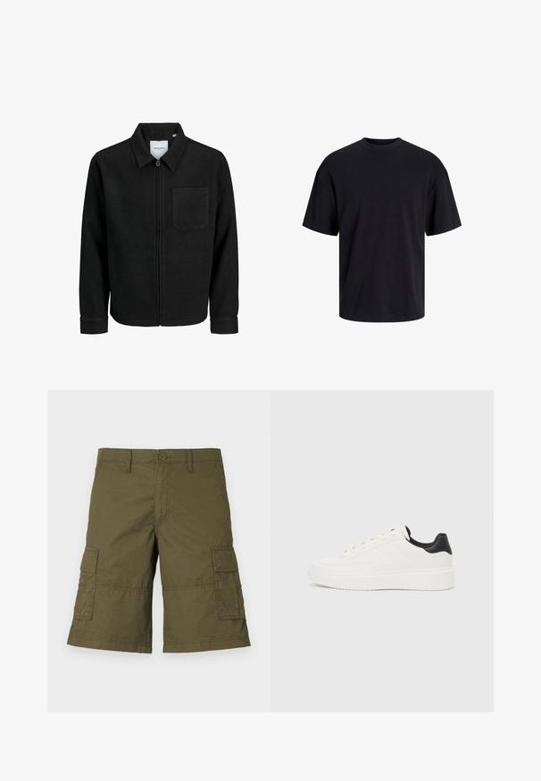 Schwarze Zip-Jacke mit Kragen und einer einzelnen Brusttasche, auf weißem Hintergrund präsentiert.; Schwarzes Baumwoll-T-Shirt mit Rundhalsausschnitt, kurzen Ärmeln und lässiger Passform. Glatte Oberflächenstruktur und keine sichtbaren Muster oder Akzente.; Olivengrüne Cargo-Shorts mit Druckknopfverschluss, mehreren seitlichen Taschen und genähten Details. Hergestellt aus strapazierfähigem Stoff mit lockerer Passform.; Weißes Leder-Sneaker mit geprägtem Muster, strukturierter weißer Zwischensohle und schwarzen Akzenten an der Ferse. Verfügt über eine abgerundete Zehenpartie und flache Schnürsenkel.