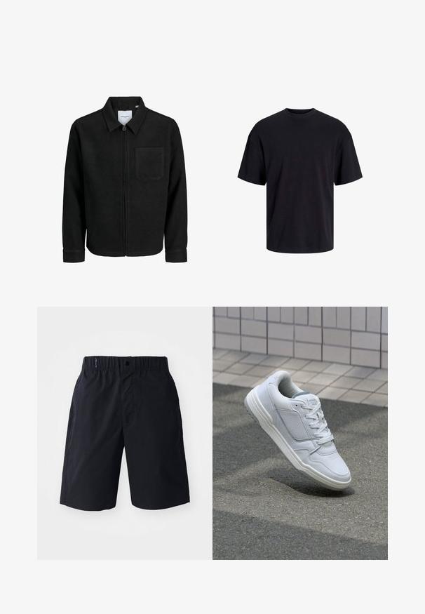 Juodas džemperis su užtrauktuku, apykakle ir vienu krūtiniu kišenėje, pristatytas baltame fone.; Juodas medvilninis marškinėlis su apvaliu iškirpimu, trumpomis rankovėmis ir laisvu siluetu. Glotni tekstūra, be matomų raštų ar akcentų.; Juodi šortai, pagaminti iš lengvos medžiagos, su plokščiu priekiu, elastingu juosmeniu ir šoninėmis kišenėmis. Paprastas dizainas be raštų.; Baltos odinės sportinės bateliai su perforuotais šonais, tekstūruotais akcentais, plokščiomis raištelėmis ir kontrastingu pilku kulnu. Yra šiek tiek pakelti padas.