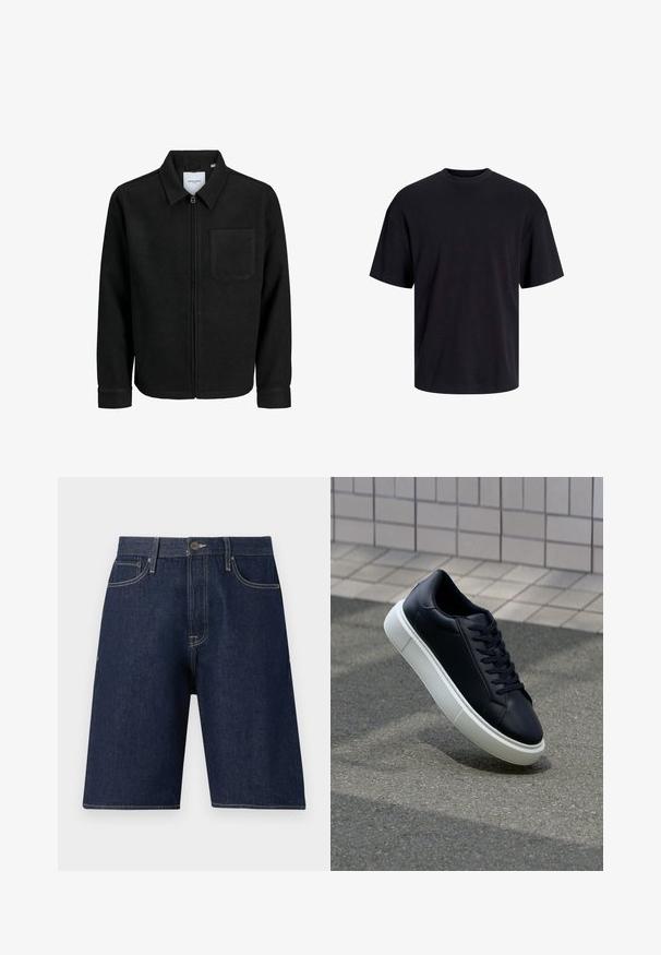 Juodas džemperis su užtrauktuku, apykakle ir vienu krūtiniu kišenėje, pristatytas baltame fone.; Juodas medvilninis marškinėlis su apvaliu iškirpimu, trumpomis rankovėmis ir laisvu siluetu. Glotni tekstūra, be matomų raštų ar akcentų.; Tamsiai mėlynos džinsinės šortai su tiesia iškirpte, turintys mygtuko užsegimą, diržo kilpas ir toninį siuvinėjimą. Nematyti jokie raštai ar puošybos.; Juodas odinis sportbačius su apvaliu pirštu ir baltu gumuotu padu. Turi plokščias raišteles ir minimalų siuvimą viršuje. Padangos tekstūra užtikrina sukibimą.