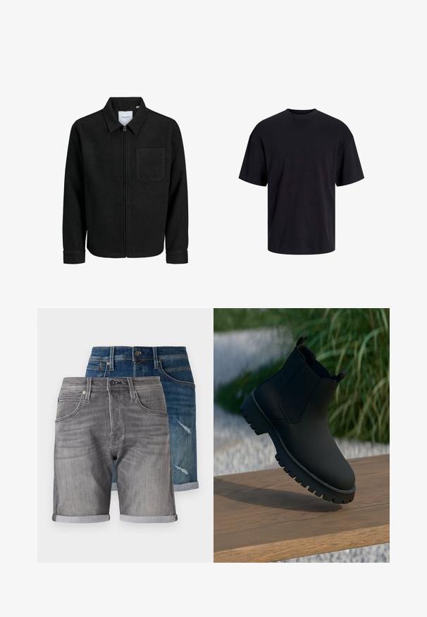 Črna jakna z zadrgo in ovratnikom ter enim žepom na prsih, prikazana na beli podlagi.; Črna bombažna majica s krojačkom izrezom, kratkimi rokavi in sproščenim krojem. Gladka tekstura in brez vidnih vzorcev ali poudarkov.; Denimske kratke hlače v temno modri in sivi barvi. Značilnosti vključujejo zvite robove, žepke in zbledel videz na modrem paru z obrabljenimi detajli.; Črne gležnjarje z gladkim zaključkom, elastičnimi stranskimi ploščami in debelim, trpežnim podplatom. Postavljeni v naravnem okolju na lesenem površju.