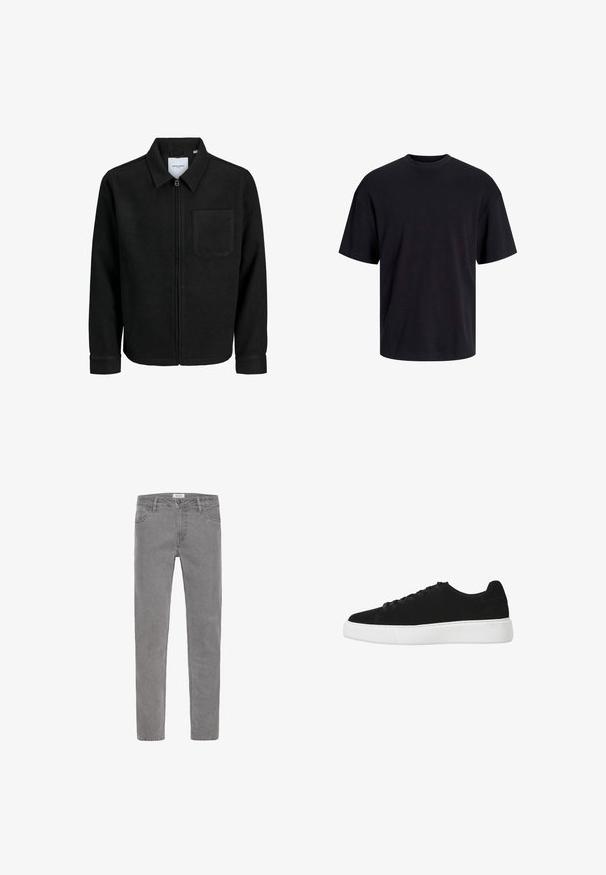 Juodas džemperis su užtrauktuku, apykakle ir vienu krūtiniu kišenėje, pristatytas baltame fone.; Juodas medvilninis marškinėlis su apvaliu iškirpimu, trumpomis rankovėmis ir laisvu siluetu. Glotni tekstūra, be matomų raštų ar akcentų.; Pilkos spalvos džinsai tiesaus kirpimo. Yra penkios kišenės, diržo kilpos ir priekinis sagos užsegimas. Lygi tekstūra, minimalistinis dizainas.; Juodas zomšiniai sportbačiai su apvaliu nosiu, raišteliais priekyje ir baltu guminiu padu. Paprastas dizainas su minimaliais akcentais ir lygiu paviršiumi.