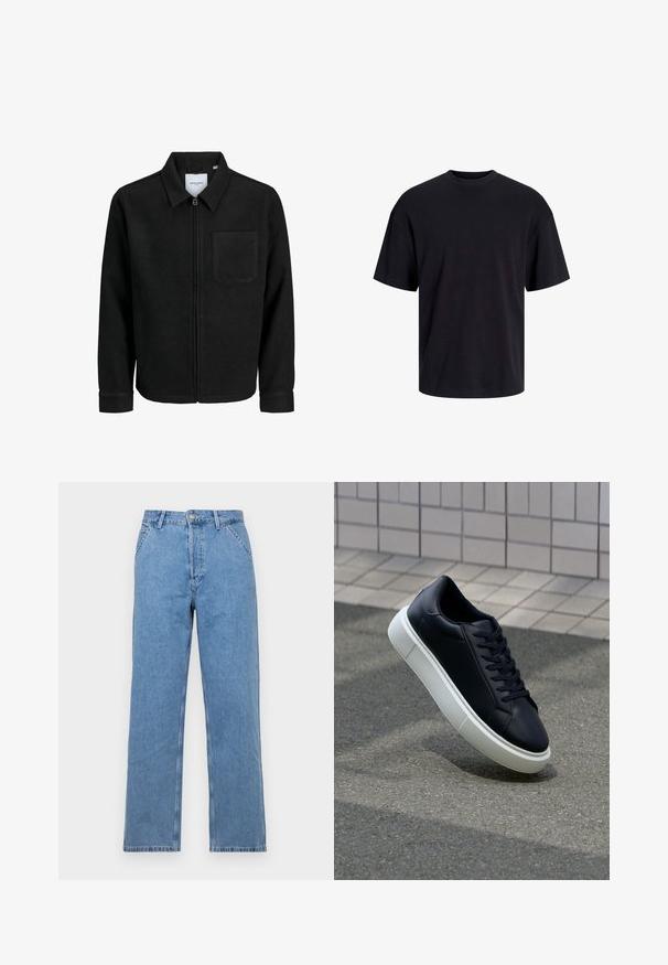 Veste zippée noire avec col et poche poitrine unique, présentée sur fond blanc.; T-shirt en coton noir avec un col ras du cou, des manches courtes et une coupe décontractée. Texture lisse sans motifs ni accents visibles.; Jean en denim bleu clair à jambes droites avec un design classique à cinq poches, doté d'une fermeture à bouton à l'avant et de passants de ceinture. Texture lisse.; Baskets noires en cuir avec bout arrondi et semelle en caoutchouc blanc. Elles présentent des lacets plats et une couture minimale sur la tige. Semelle texturée pour une bonne adhérence.