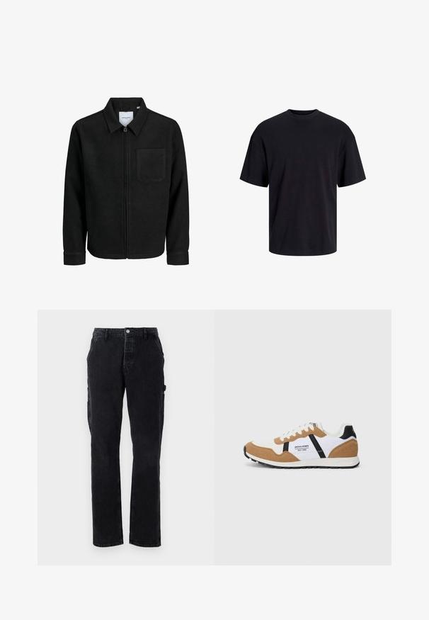 Jachetă neagră cu fermoar, cu guler și un singur buzunar pe piept, expusă pe fundal alb.; Tricou din bumbac negru, cu guler rotund, mâneci scurte și o croială lejeră. Textură netedă și fără modele sau accente vizibile.; Pantaloni cargo din denim negru cu picioare drepte, închidere cu button frontal și buzunare laterale. Materialul are un finisaj ușor texturat.; Tenis retro cu alb, suede bej, accente negre, șireturi albe și logo-ul "Jack & Jones EST. 1990" pe lateral.