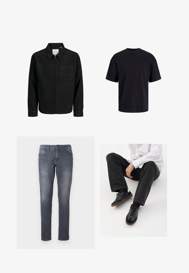 Černá zipová bunda s límečkem a jednou kapsou na hrudi, vystavená na bílém pozadí.; Černé bavlněné tričko s kulatým výstřihem, krátkými rukávy a volným střihem. Hladká textura a žádné viditelné vzory ani akcenty.; Šedé džíny z denimu s úzkým střihem, s zipovým zapínáním, poutky na opasek, předními kapsami a vybledlým povrchem. Standardní rovný design nohavic.; Černé tenisky se hladkým a texturovaným svrškem, s kaučukovou podešví a tmavými šňůrkami. Skombinované s černými džínami a bílou proužkovanou košilí.