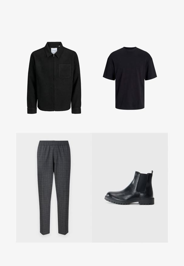 Crna jakna na zip s ovratnikom i jednim džepom na prsima, prikazana na bijeloj pozadini.; Crna pamučna majica s okruglim izrezom, kratkim rukavima i opuštenim krojem. Glatka tekstura bez vidljivih uzoraka ili dekoracija.; Sive karirane hlače s elastičnim pojasom i suženim nogavicama, izrađene od teksturirane tkanine s suptilnim uzorkom.; Crne kožne Chelsea čizme imaju elastične bočne panele, zaobljeni vrh i gumeni đon za prianjanje. Minimalistički dizajn s petljom za lakše obuvanje.