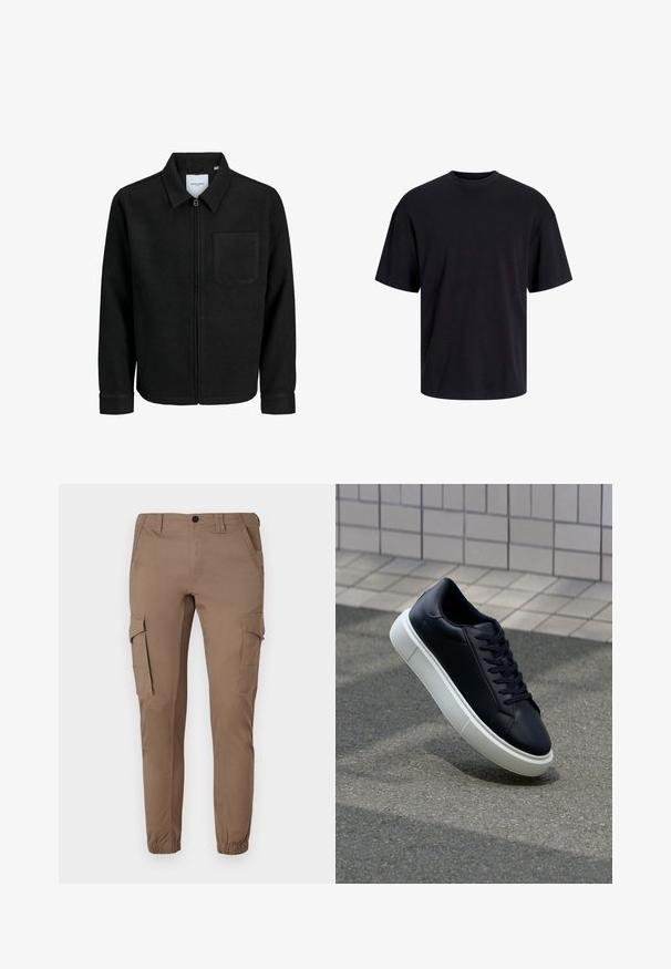Black zip-up jacket with collar and single chest pocket, displayed on white background.; Black cotton t-shirt with a crew neckline, short sleeves, and a relaxed fit. Smooth texture and no visible patterns or accents.; Light brown cargo pants with elasticized cuffs, multiple side pockets, and a fitted design, crafted from a smooth, durable material.; Black leather sneaker with rounded toe and white rubber sole. Features flat laces and minimal stitching on the upper. Textured sole for grip.