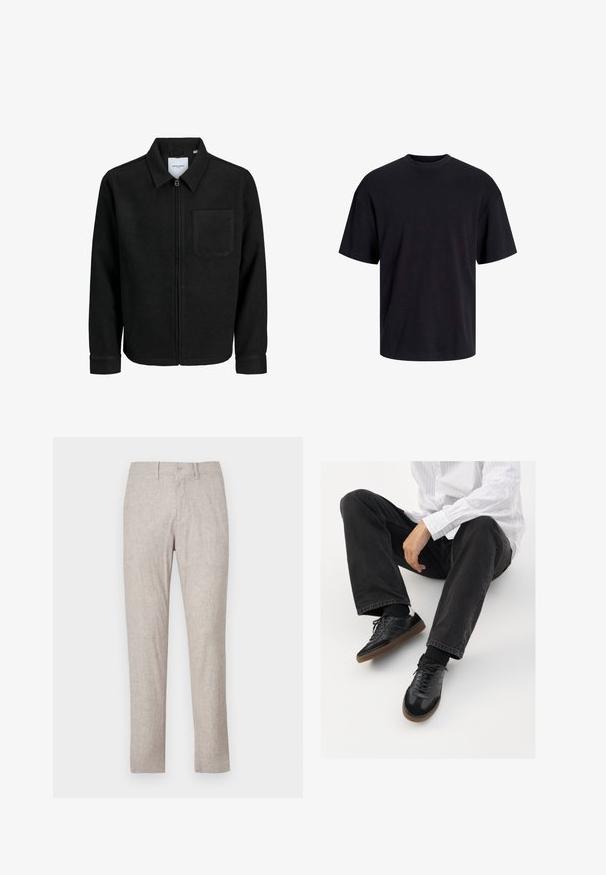 Jachetă neagră cu fermoar, cu guler și un singur buzunar pe piept, expusă pe fundal alb.; Tricou din bumbac negru, cu guler rotund, mâneci scurte și o croială lejeră. Textură netedă și fără modele sau accente vizibile.; Pantaloni din in bej cu croi drept, având închidere cu nasture, buzunare frontale și fără modele sau embellismente vizibile.; Adidași negri cu un model neted și texturat, având o talpă din cauciuc și șireturi închise la culoare. Asortați cu blugi negri și o cămașă albă cu dungi.
