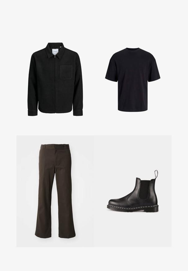 Mustaga lukuga jakker, millel on krae ja üks rinna-tasku, esitatud valgel taustal.; Must must on mustre, lühikeste varrukatega ja vabalt langev. Sile tekstuur ja ilma nähtavate mustrite või aktsentideta.; Pruunid, laienevad püksid siledast kangast, millel on ees nuppude sulgemine ja külgedel taskud. Lihtne ja sirge disain.; Must mustat chelsea saapad elastsete külgpaneelidega, ümar nina, tõmbehael, valge õmblus tallal ja tekstuuriga kummitald.