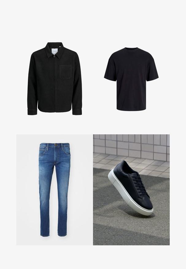 Juodas džemperis su užtrauktuku, apykakle ir vienu krūtiniu kišenėje, pristatytas baltame fone.; Juodas medvilninis marškinėlis su apvaliu iškirpimu, trumpomis rankovėmis ir laisvu siluetu. Glotni tekstūra, be matomų raštų ar akcentų.; Mėlyni džinsai su tiesia koja, turintys penkis kišenes, mygtuko ir užtrauktuko uždarymą, bei švelnią blukimą priekyje.; Juodas odinis sportbačius su apvaliu pirštu ir baltu gumuotu padu. Turi plokščias raišteles ir minimalų siuvimą viršuje. Padangos tekstūra užtikrina sukibimą.