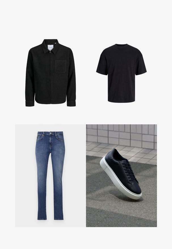 Crna jakna na zip s ovratnikom i jednim džepom na prsima, prikazana na bijeloj pozadini.; Crna pamučna majica s okruglim izrezom, kratkim rukavima i opuštenim krojem. Glatka tekstura bez vidljivih uzoraka ili dekoracija.; Tamno plave traperice ravnog kroja, srednjeg struka, s prednjim džepovima i suptilnim akcencima od šivanja. Glatka tekstura, minimalno izblijeđene.; Crne kožne tenisice s zaobljenim vrhom i bijelim gumiranim potplatom. Imaju ravne vezice i minimalno šivanje na gornjem dijelu. Teksturirani potplat za bolje prianjanje.