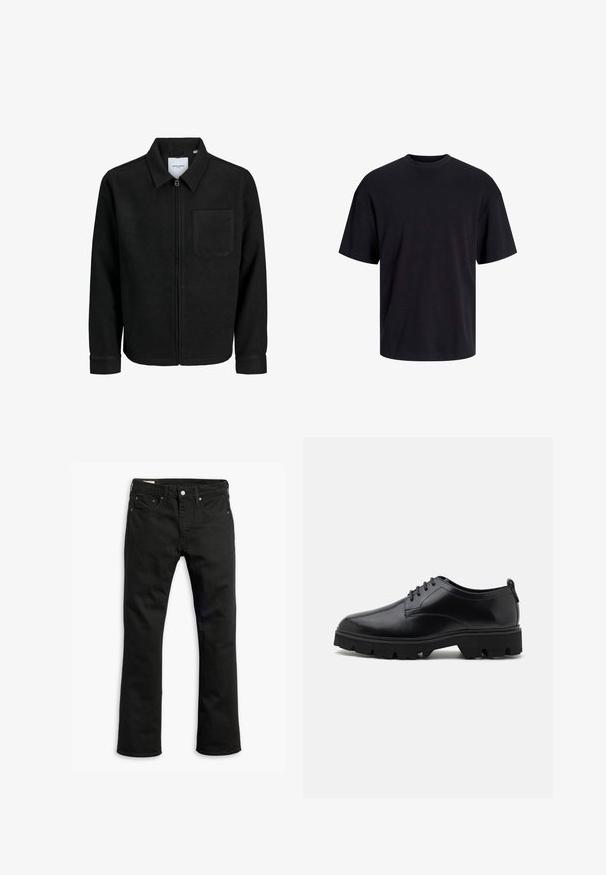 Musta vetoketjullinen takki, jossa on kaulus ja yksi rintatasku, esitelty valkoista taustaa vasten.; Musta puuvillapaita, jossa on pyöreä kaula-aukko, lyhyet hihat ja rento muotoilu. Yksinkertainen ja sileä pinta, ilman näkyviä kuvioita tai koristeita.; Mustat farkut suoralla lahkeella, viisi taskua, metallipainikekiinnitys ja huomaamattomat ompelu yksityiskohdat. Liukas pinta ja tasainen väri.; Mustat nahkakengät, joissa on sileä pinta, nauhattava muotoilu ja paksu, kestävä kumipohja, jossa on syvät urat pitoon.