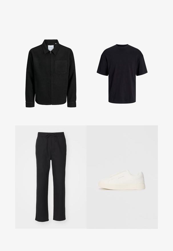 Zwarte zip-up jas met kraag en enkele borstzak, weergegeven op een witte achtergrond.; Zwarte katoenen t-shirt met een ronde halslijn, korte mouwen en een relaxte pasvorm. Glad textuur en geen zichtbare patronen of accenten.; Zwarte, rechte broek van zacht materiaal met een elastische tailleband en verstelbaar koord. Geen zakken of zichtbare patronen.; Witte instap sneakers met een gestructureerd oppervlak, een dikke zool en een minimalistisch ontwerp. Bevat het merklogo aan de zijkant.