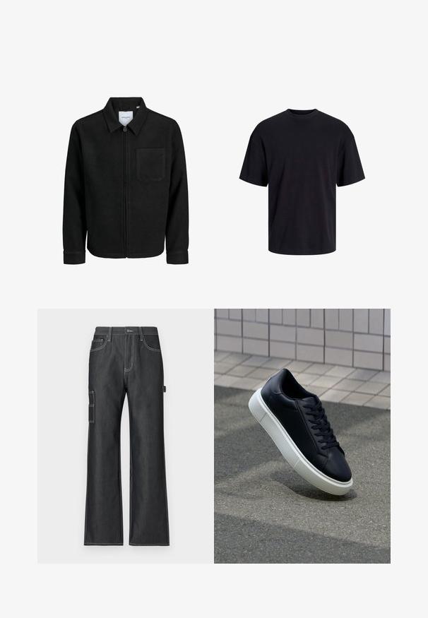 Schwarze Zip-Jacke mit Kragen und einer einzelnen Brusttasche, auf weißem Hintergrund präsentiert.; Schwarzes Baumwoll-T-Shirt mit Rundhalsausschnitt, kurzen Ärmeln und lässiger Passform. Glatte Oberflächenstruktur und keine sichtbaren Muster oder Akzente.; Dunkelblaue Cargohosen mit weit geschnittenem Bein, kontrastierenden weißen Nähten, seitlichen Taschen und einer aufgesetzten Tasche am linken Bein.; Schwarze Leder-Sneaker mit runder Zehenpartie und weißer Gummisohle. Verfügt über flache Schnürsenkel und minimale Nähte im Obermaterial. Strukturiertes Sohlenprofil für besseren Halt.