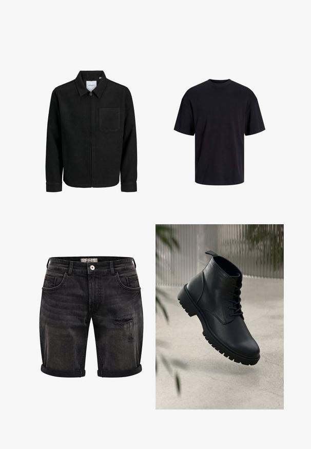 Giacca nera con zip, colletto e una tasca sul petto, mostrata su sfondo bianco.; T-shirt in cotone nero con collo rotondo, maniche corte e vestibilità morbida. Texture liscia senza pattern o dettagli visibili.; Pantaloni corti in denim nero con finitura usurata, caratterizzati da orli arrotolati, design a cinque tasche e una leggera sbiaditura per texture e dettagli.; Stivali alla caviglia in pelle nera con punta arrotondata, design con lacci e suola in gomma robusta. Texture liscia con una linguetta sul retro.