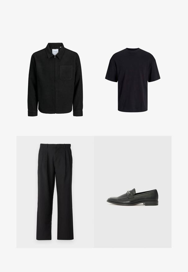 Musta vetoketjullinen takki, jossa on kaulus ja yksi rintatasku, esitelty valkoista taustaa vasten.; Musta puuvillapaita, jossa on pyöreä kaula-aukko, lyhyet hihat ja rento muotoilu. Yksinkertainen ja sileä pinta, ilman näkyviä kuvioita tai koristeita.; Jack & Jones JPSTBILL JJDAYTONA WIDE - Housut - black; Musta nahkakengät, joissa on sileä pinta, koristeelliset ompeleet ja metalliketjun yksityiskohta kengän päällä. Littee korko.